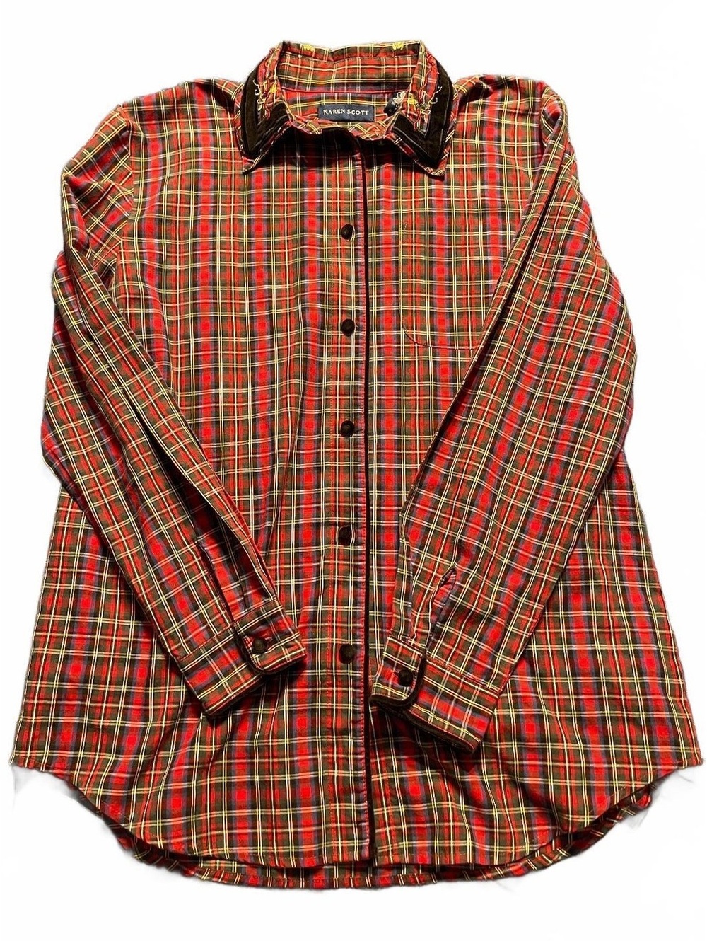 90s Karen Scott Red Plaid Button-Up Shirt with Embroidered Velvet Collar, Size S